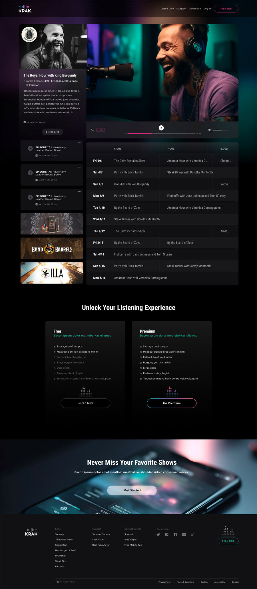 Krak Radio App Landing Page Design